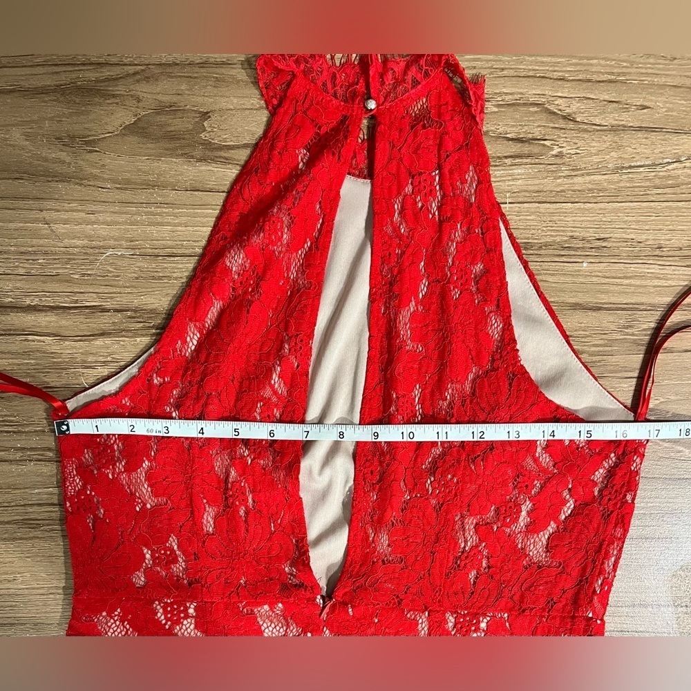 Sans Souci Red Lace Sleeveless Halter Open Back Fully Lined Dress - Picture 9 of 11